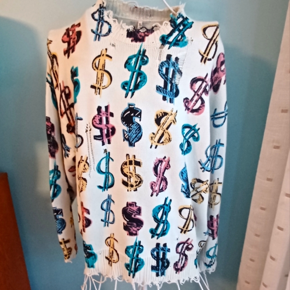 EUC R13 Distressed Cotton Dollar Sign Motif Long Sleeve Sweater